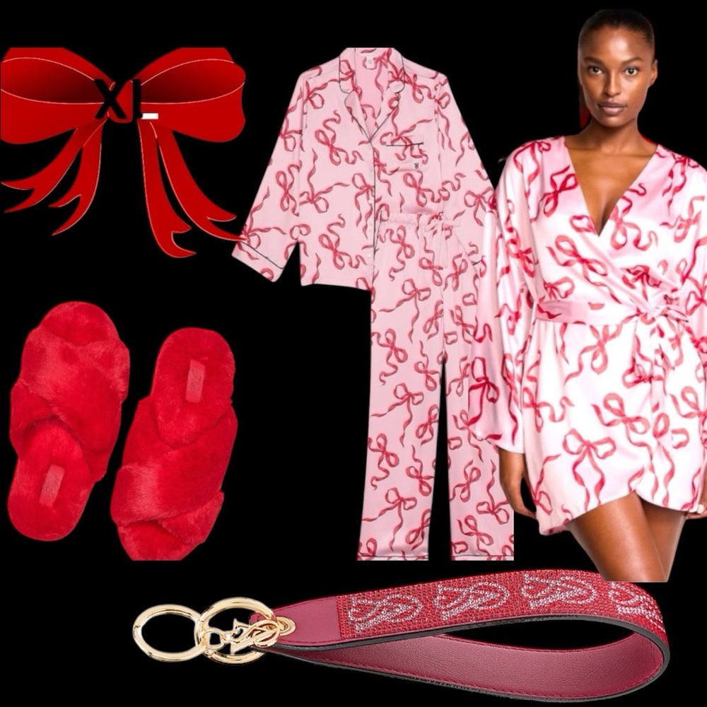 VS XL RED & PINK BOWS SATIN ROBE, PAJAMAS 6 PIECE BUNDLE